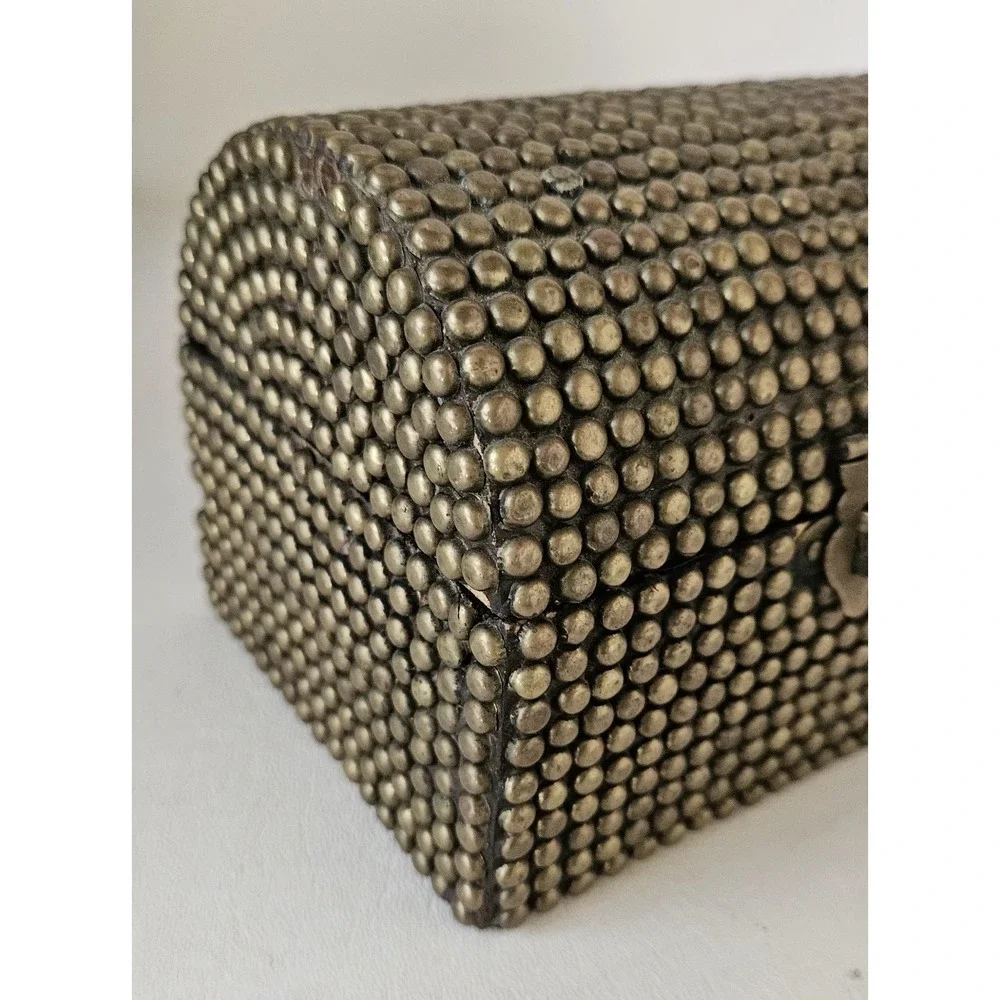 Vintage Brass Hobnail Wood Barrel Top Trinket Box 5